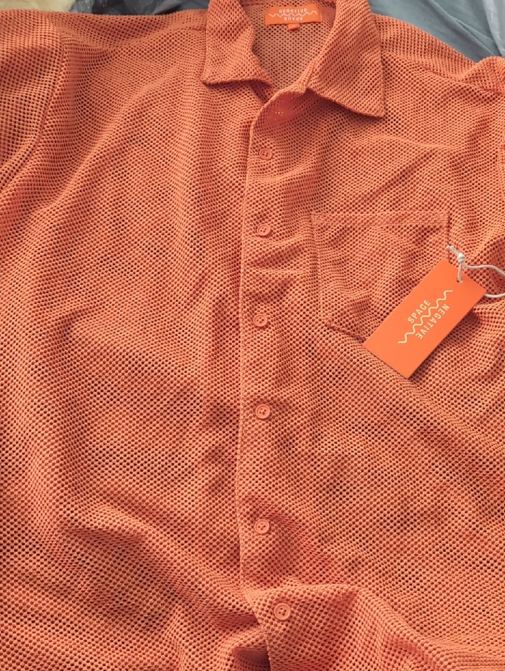 Negative Space Orange Mesh Button-Down Shirt - Men's Casual- S